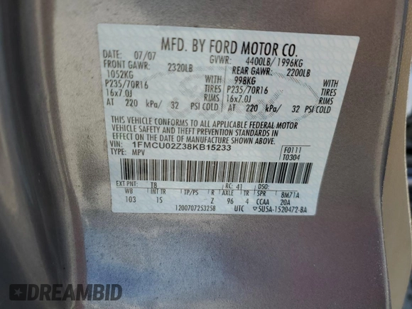 2008 Ford Escape XLS with VIN 1FMCU02Z38KB15233, listed as a Copart auction lot 56180325 with Not provided miles and Salvage title. Bid and sale history available at DreamBid. Image 12.
