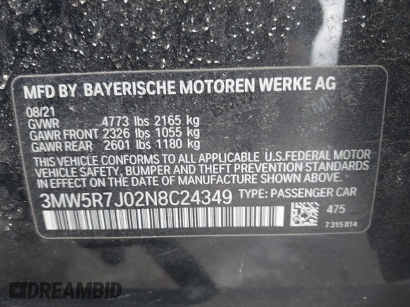 2022 BMW 3 Series 330i xDrive with VIN 3MW5R7J02N8C24349, listed as a IAAI auction lot 41441931 with 45,768 mi miles. Bid and sale history available at carsss.com. Image 9.