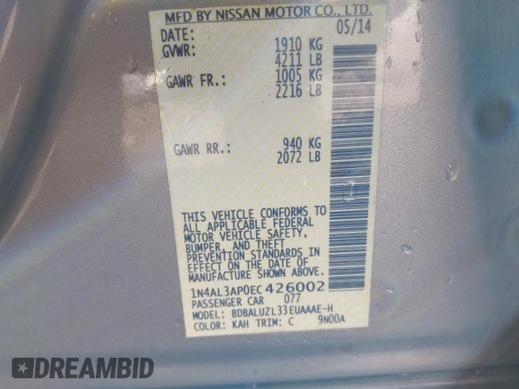 2014 Nissan Altima SV with VIN 1N4AL3AP0EC426002, listed as a IAAI auction lot 41759281 with 106,790 mi miles and . Bid and sale history available at DreamBid. Image 9.