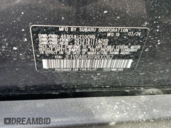 2024 Subaru WRX с VIN JF1VBAB6XR9800262, выставлен на аукционе Copart как лот 45820215 с пробегом 6 541 миль миль и Списание • Salvage title. История ставок и продаж доступна на DreamBid. Изображение 14.