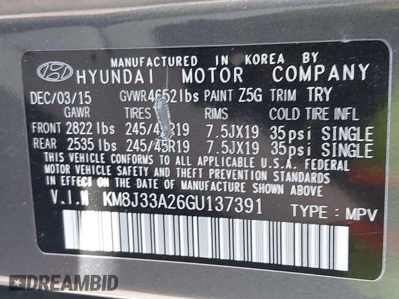 2016 Hyundai Tucson Limited with VIN KM8J33A26GU137391, listed as a IAAI auction lot 42088662 with 72,048 mi miles. Bid and sale history available at carsss.com. Image 9.