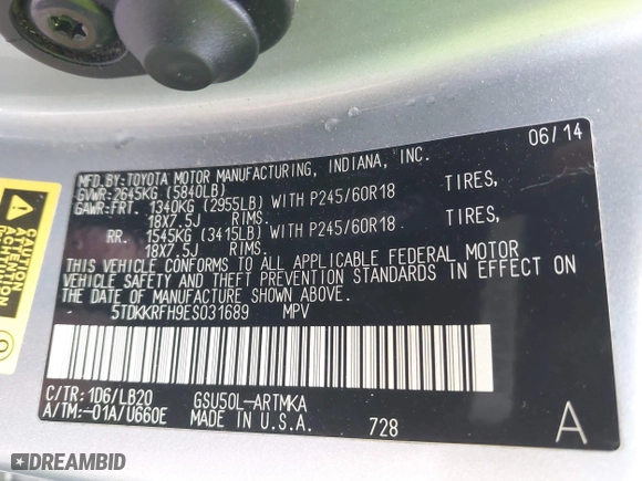 2014 Toyota Highlander XLE with VIN 5TDKKRFH9ES031689, listed as a IAAI auction lot 41614992 with 175,162 mi miles. Bid and sale history available at carsss.com. Image 9.