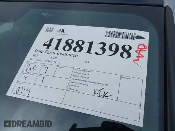 2023 Audi A3 Premium z VIN WAUAUDGY0PA143172, wystawiony jako IAAI lot #41881398 z przebiegiem 18 754 mil mil oraz . Historia ofert i sprzedaży dostępna na DreamBid. Obrazek 18.