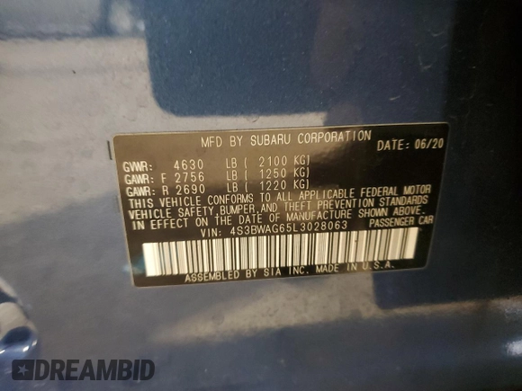 2020 Subaru Legacy Special Sports with VIN 4S3BWAG65L3028063, listed as a Copart auction lot 52939145 with 58,793 mi miles and Salvage Title. Bid and sale history available at carsss.com. Image 12.