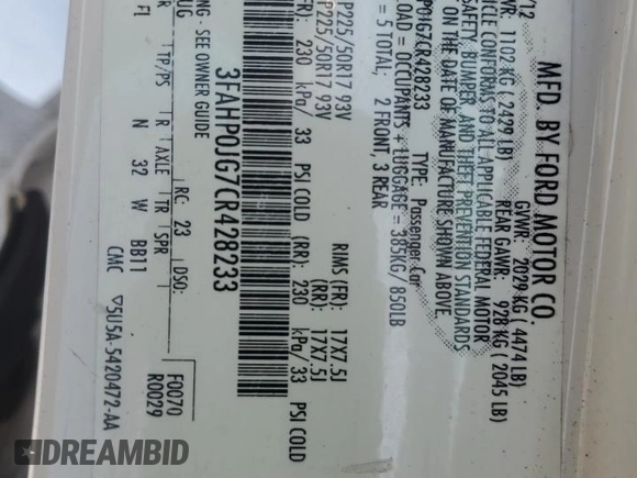 2012 Ford Fusion SEL with VIN 3FAHP0JG7CR428233, listed as a Copart auction lot 60446735 with 271,991 mi miles and Salvage title. Bid and sale history available at DreamBid. Image 12.