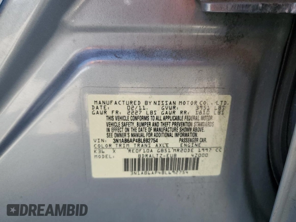 2011 Nissan Sentra S with VIN 3N1AB6AP4BL692754, listed as a Copart auction lot 61730555 with 178,553 mi miles and Clean title. Bid and sale history available at DreamBid. Image 12.