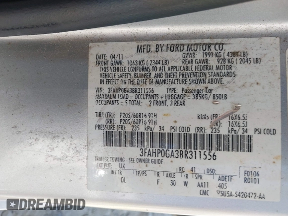 2011 Ford Fusion S with VIN 3FAHP0GA3BR311556, listed as a IAAI auction lot 41668511 with 200,159 mi miles. Bid and sale history available at carsss.com. Image 9.