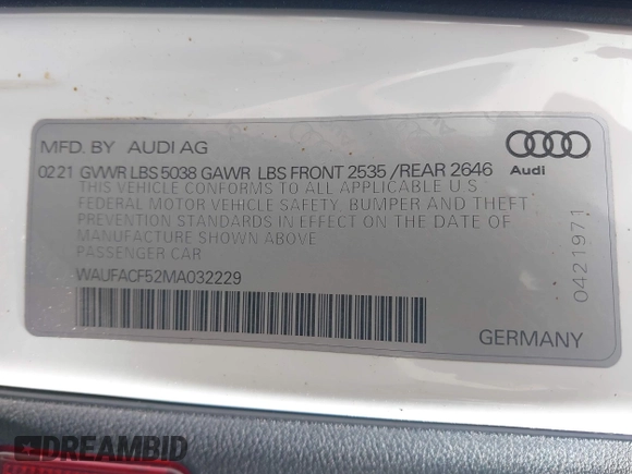 2021 Audi A5 Sportback S line Premium Plus with VIN WAUFACF52MA032229, listed as a IAAI auction lot 41917983 with 89,229 mi miles and . Bid and sale history available at DreamBid. Image 9.