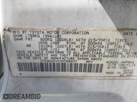 2003 Toyota RAV4 with VIN JTEGH20V030088837, listed as a IAAI auction lot 42025704 with 159,746 mi miles. Bid and sale history available at carsss.com. Image 9.