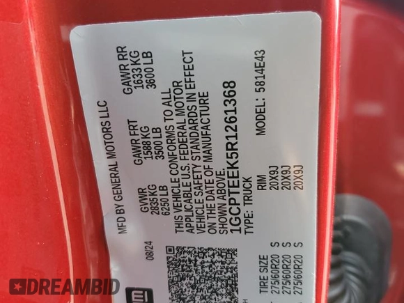 2024 Chevrolet Colorado 4WD Trail Boss with VIN 1GCPTEEK5R1261368, listed as a Copart auction lot 60713245 with Not provided miles and Salvage title. Bid and sale history available at DreamBid. Image 13.