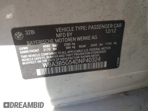 2013 BMW 3 Series 328i xDrive with VIN WBA3B5G54DNP40324, listed as a IAAI auction lot 41702014 with 126,932 mi miles. Bid and sale history available at carsss.com. Image 9.