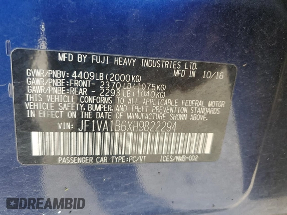 2017 Subaru WRX with VIN JF1VA1B6XH9822294, listed as a Copart auction lot 47136605 with 105,707 mi miles and Salvage Title. Bid and sale history available at carsss.com. Image 13.
