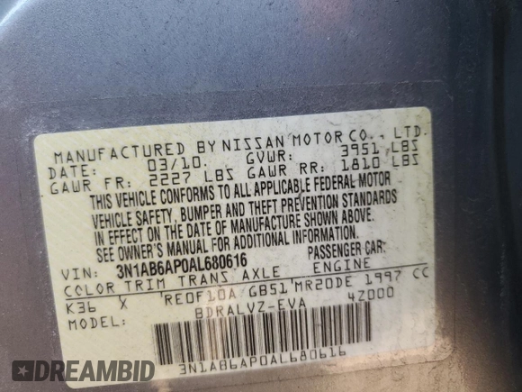 2010 Nissan Sentra SL with VIN 3N1AB6AP0AL680616, listed as a Copart auction lot 44357625 with 104,708 mi miles and Salvage title. Bid and sale history available at DreamBid. Image 14.