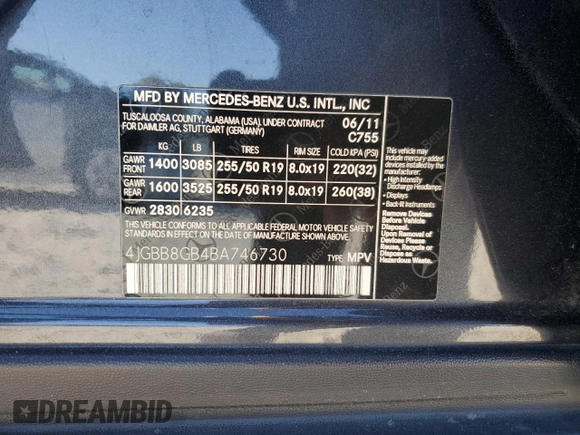 2011 Mercedes-Benz M 350 with VIN 4JGBB8GB4BA746730, listed as a Copart auction lot 82006164 with 160,098 mi miles and Salvage Title. Bid and sale history available at DreamBid. Image 13.