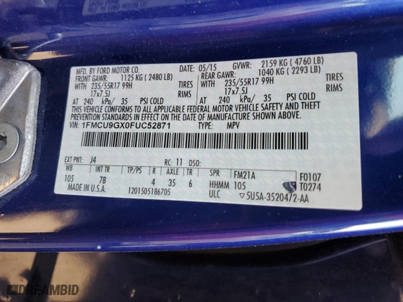 2015 Ford Escape SE with VIN 1FMCU9GX0FUC52871, listed as a Copart auction lot 49290685 with NaN miles and Clean Title. Bid and sale history available at carsss.com. Image 13.