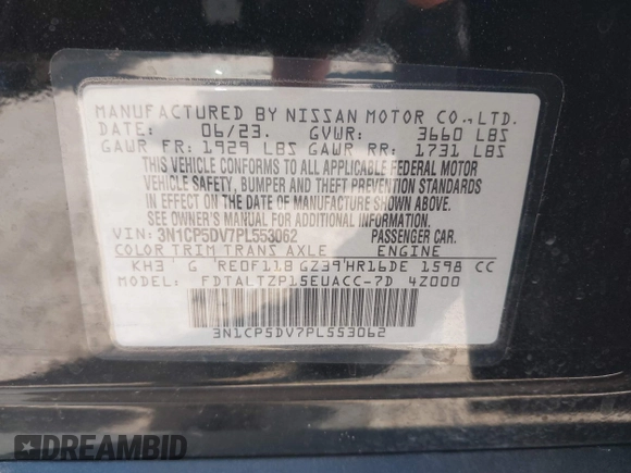 2023 Nissan Kicks SR with VIN 3N1CP5DV7PL553062, listed as a IAAI auction lot 41839815 with 14,850 mi miles. Bid and sale history available at carsss.com. Image 9.