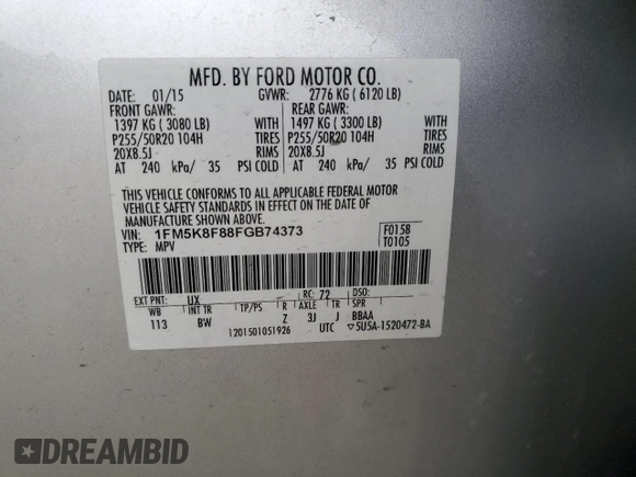 2015 Ford Explorer Limited with VIN 1FM5K8F88FGB74373, listed as a Copart auction lot 48856075 with 134,527 mi miles and Salvage Title. Bid and sale history available at DreamBid. Image 12.