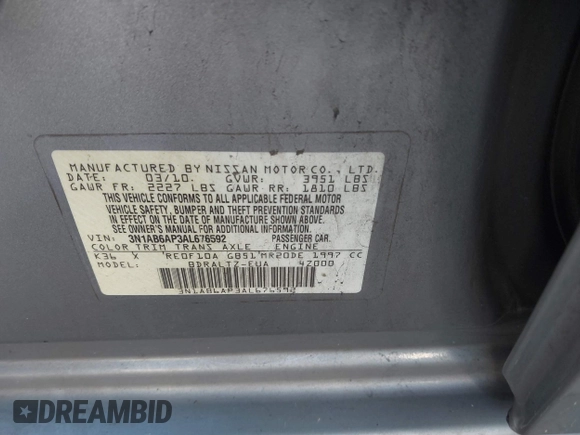 2010 Nissan Sentra S with VIN 3N1AB6AP3AL676592, listed as a IAAI auction lot 41447071 with Not Provided miles and . Bid and sale history available at DreamBid. Image 9.