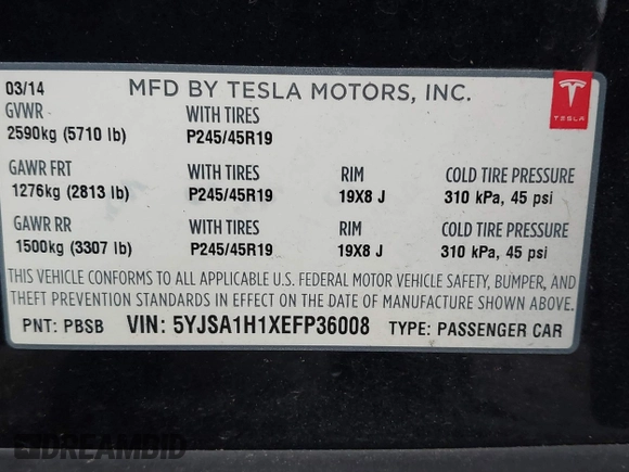 2014 Tesla Model S 60 with VIN 5YJSA1H1XEFP36008, listed as a IAAI auction lot 41287240 with 48,171 mi miles and . Bid and sale history available at DreamBid. Image 9.