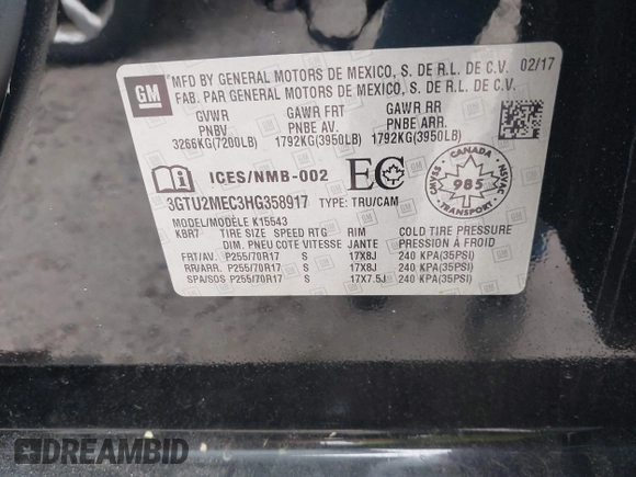 2017 GMC Sierra 1500 SLE z VIN 3GTU2MEC3HG358917, wystawiony jako IAAI lot #42033359 z przebiegiem 92 643 mil mil oraz . Historia ofert i sprzedaży dostępna na DreamBid. Obrazek 9.