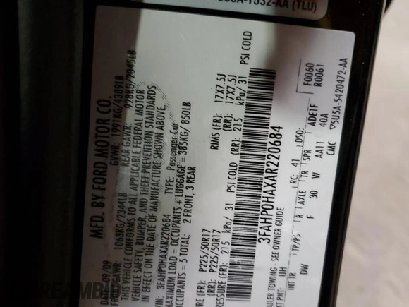 2010 Ford Fusion SE with VIN 3FAHP0HAXAR220684, listed as a Copart auction lot 49476545 with 92,587 mi miles and Salvage Title. Bid and sale history available at DreamBid. Image 14.