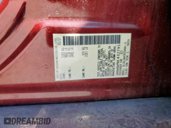 2017 Nissan Maxima Platinum with VIN 1N4AA6AP9HC432795, listed as a Copart auction lot 58165715 with 89,459 mi miles and Salvage title. Bid and sale history available at DreamBid. Image 13.