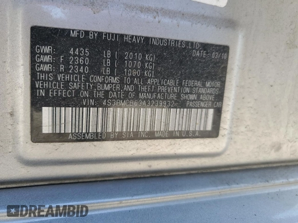 2010 Subaru Legacy Premium with VIN 4S3BMCB63A3239932, listed as a Copart auction lot 52639905 with 129,756 mi miles and Salvage title. Bid and sale history available at DreamBid. Image 14.
