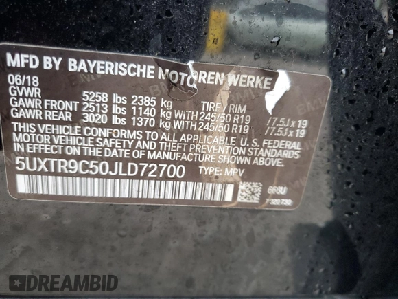 2018 BMW X3 xDrive30i with VIN 5UXTR9C50JLD72700, listed as a Copart auction lot 51927025 with 100,638 mi miles and Salvage Title. Bid and sale history available at DreamBid. Image 12.