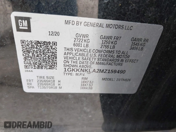 2021 GMC Acadia SLE with VIN 1GKKNKLA2MZ159490, listed as a IAAI auction lot 41449934 with 91,589 mi miles and . Bid and sale history available at DreamBid. Image 9.