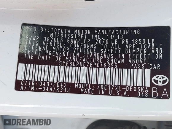2014 Toyota Corolla L with VIN 5YFBURHE7EP049355, listed as a IAAI auction lot 42073330 with 129,605 mi miles and . Bid and sale history available at DreamBid. Image 9.