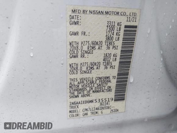 2021 Nissan Titan Pro-4X with VIN 1N6AA1ED6MN535519, listed as a IAAI auction lot 41482187 with 62,698 mi miles and . Bid and sale history available at DreamBid. Image 9.