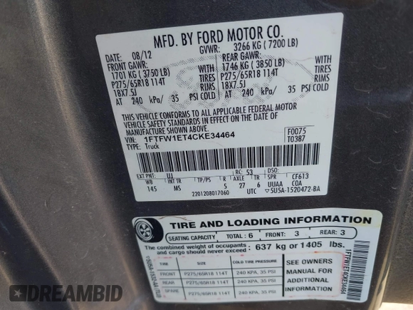 2012 Ford F-150 XL with VIN 1FTFW1ET4CKE34464, listed as a IAAI auction lot 42483610 with 235,312 mi miles and . Bid and sale history available at DreamBid. Image 9.