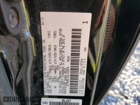 2019 Toyota Tundra SR with VIN 5TFRM5F16KX142078, listed as a Copart auction lot 83029394 with 205,026 mi miles and Salvage title. Bid and sale history available at DreamBid. Image 14.