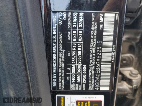 2016 Mercedes-Benz GLE 300d с VIN 4JGDA0EB6GA622515, выставлен на аукционе Copart как лот 65335345 с пробегом 104 949 миль миль и Списание • Salvage title. История ставок и продаж доступна на DreamBid. Изображение 14.