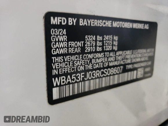 2024 BMW 5 Series 530i xDrive with VIN WBA53FJ03RCS08607, listed as a Copart auction lot 85313734 with 20,270 mi miles and Salvage Title. Bid and sale history available at carsss.com. Image 12.