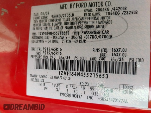 2005 Ford Mustang Deluxe с VIN 1ZVFT84N455215653, выставлен на аукционе IAAI как лот 42318911 с пробегом 85 413 миль миль и . История ставок и продаж доступна на DreamBid. Изображение 9.