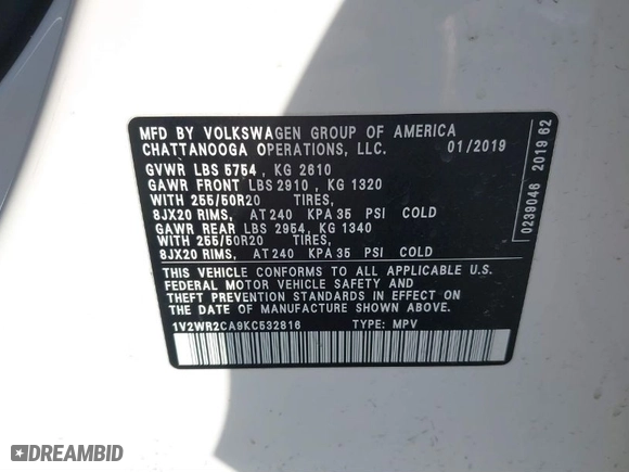 2019 Volkswagen Atlas 3.6L V6 SE w/Technology with VIN 1V2WR2CA9KC532816, listed as a IAAI auction lot 41196226 with 84,686 mi miles. Bid and sale history available at carsss.com. Image 9.