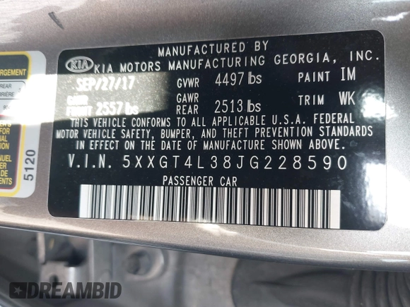 2018 Kia Optima LX with VIN 5XXGT4L38JG228590, listed as a IAAI auction lot 42557115 with 87,611 mi miles and . Bid and sale history available at DreamBid. Image 9.