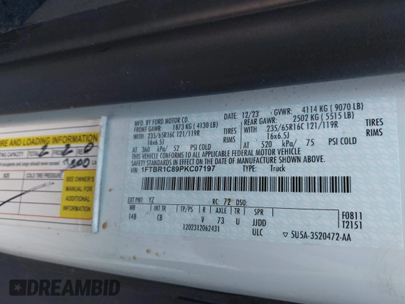 2023 Ford Transit Cargo with VIN 1FTBR1C89PKC07197, listed as a IAAI auction lot 42228682 with 39,306 mi miles and . Bid and sale history available at DreamBid. Image 9.