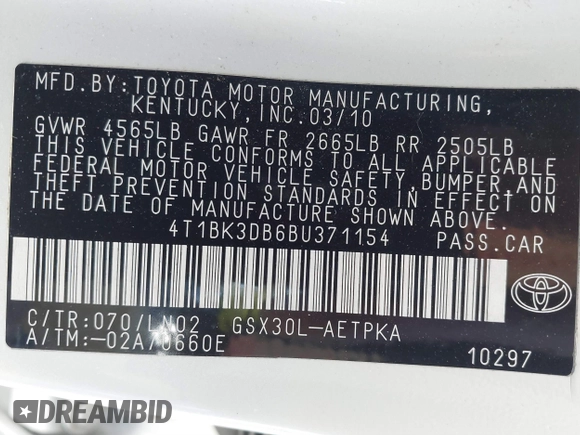 2011 Toyota Avalon with VIN 4T1BK3DB6BU371154, listed as a IAAI auction lot 41722144 with 204,575 mi miles and . Bid and sale history available at DreamBid. Image 9.