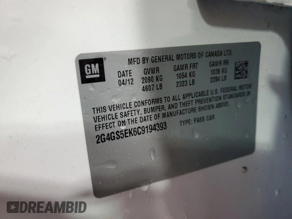 2012 Buick Regal Premium 1 with VIN 2G4GS5EK6C9194393, listed as a Copart auction lot 67400884 with 146,780 mi miles and Salvage Title. Bid and sale history available at carsss.com. Image 12.