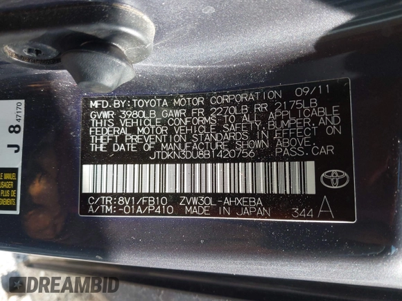 2011 Toyota Prius I with VIN JTDKN3DU8B1420756, listed as a IAAI auction lot 42063792 with 87,172 mi miles and . Bid and sale history available at DreamBid. Image 9.
