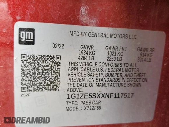 2022 Chevrolet Malibu Premier with VIN 1G1ZE5SXXNF117517, listed as a Copart auction lot 50658805 with 45,676 mi miles and Salvage Title. Bid and sale history available at DreamBid. Image 13.