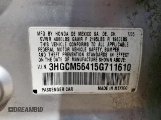 2005 Honda Accord LX with VIN 3HGCM56415G711610, listed as a Copart auction lot 61601425 with 106,728 mi miles and Salvage title. Bid and sale history available at DreamBid. Image 12.