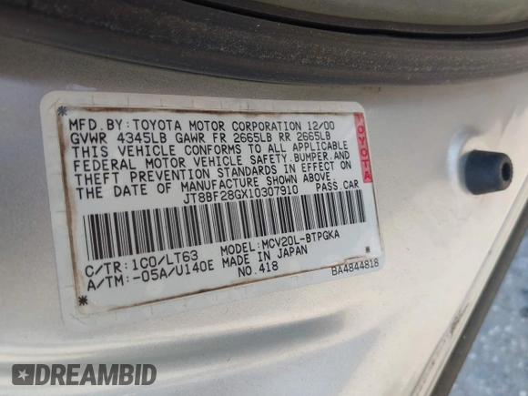 2001 Lexus ES 300 with VIN JT8BF28GX10307910, listed as a IAAI auction lot 42326385 with 157,130 mi miles and . Bid and sale history available at DreamBid. Image 9.