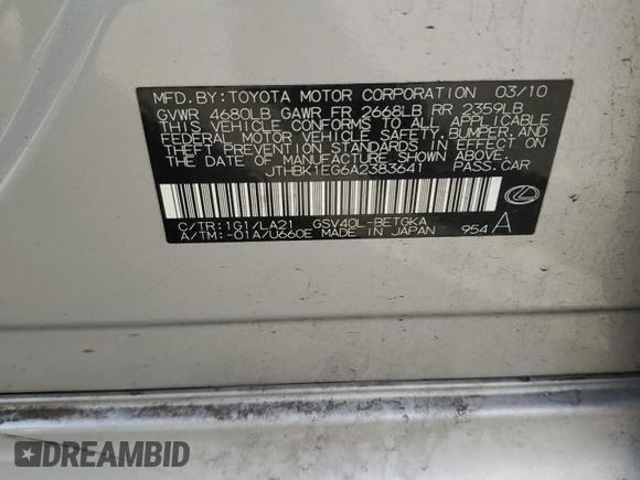 2010 Lexus ES 330 z VIN JTHBK1EG6A2383641, wystawiony jako Copart lot #56215275 z przebiegiem 183 889 mil mil oraz Szkoda całkowita • Salvage title. Historia ofert i sprzedaży dostępna na DreamBid. Obrazek 12.