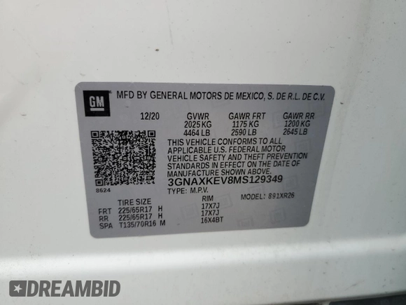 2021 Chevrolet Equinox LT with VIN 3GNAXKEV8MS129349, listed as a Copart auction lot 51247115 with 81,892 mi miles and Salvage Title. Bid and sale history available at DreamBid. Image 14.