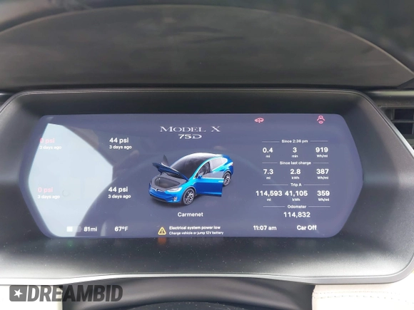 2018 Tesla Model X 75D with VIN 5YJXCAE2XJF111180, listed as a IAAI auction lot 41988079 with 114,593 mi miles and . Bid and sale history available at DreamBid. Image 7.