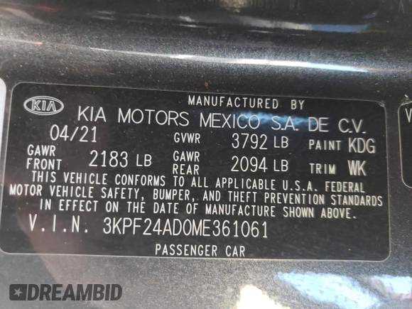 2021 Kia Forte FE with VIN 3KPF24AD0ME361061, listed as a Copart auction lot 49776185 with 57,163 mi miles and Salvage title. Bid and sale history available at DreamBid. Image 12.