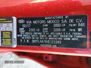 2017 Kia Forte S with VIN 3KPFL4A76HE121249, listed as a Copart auction lot 48788735 with 41,465 mi miles and Salvage Title. Bid and sale history available at DreamBid. Image 13.
